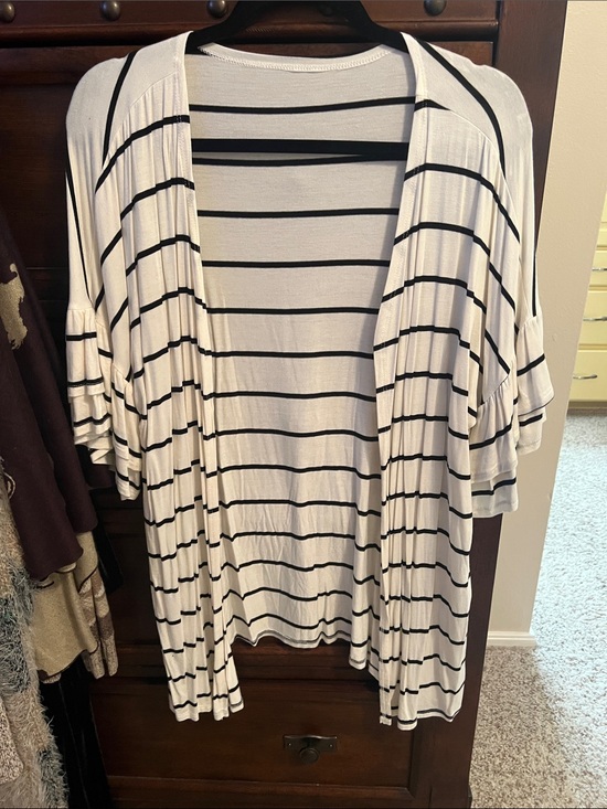 Sweaters - Striped Open Front Cardigan - White & Black